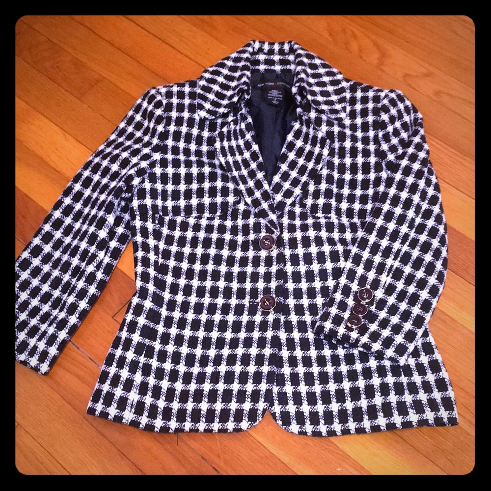 New York and Company Navy and White Plaid Blazer